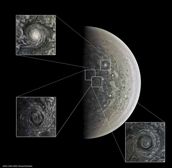 Jupiter's south pole with individual storm features