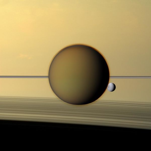 titan and dione in front of saturn