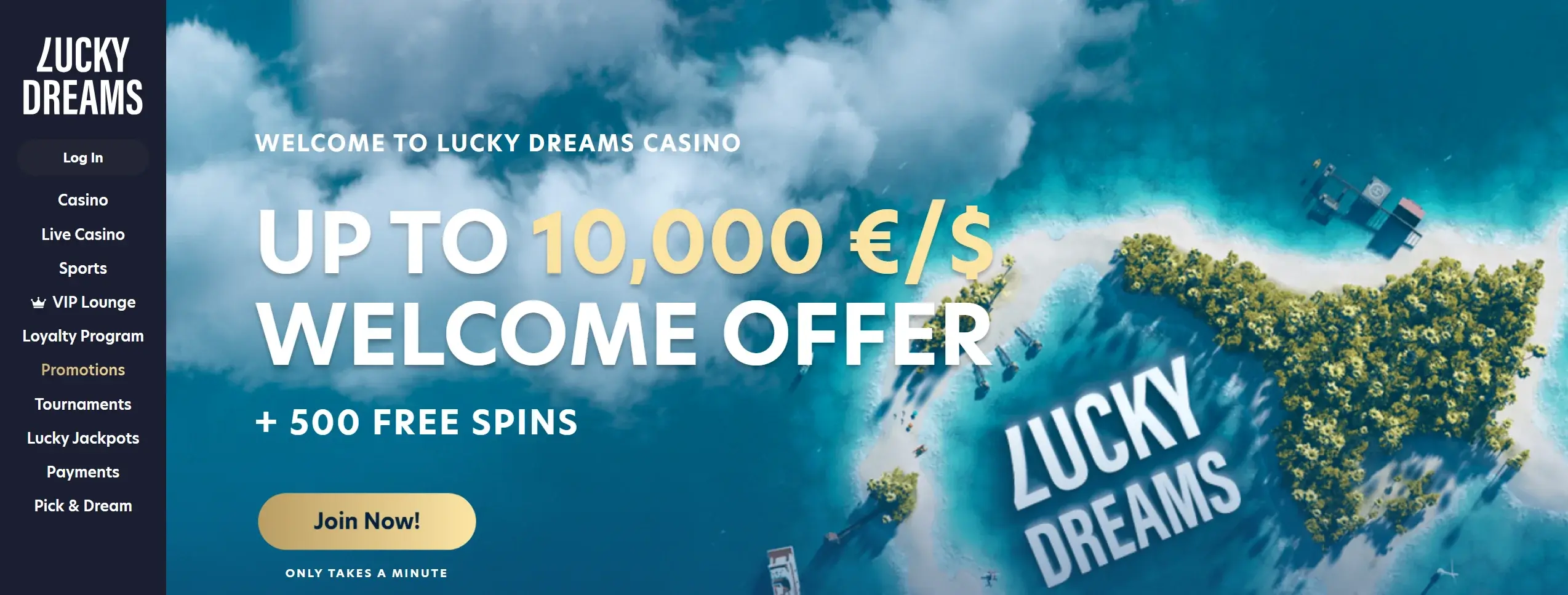 Lucky Dreams casino frontpage showing wlecome offer and main site navigation